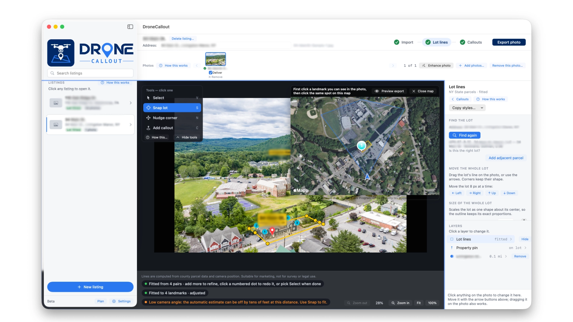 DroneCallout on macOS: a drone photo of Livingston Manor with parcel lines fitted to the perspective view, a satellite reference map, and a callouts inspector.